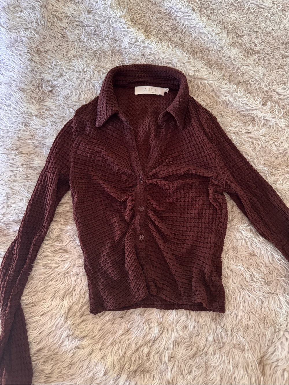 Astr Textured Open-Weave Button Front Top in chocolate brown